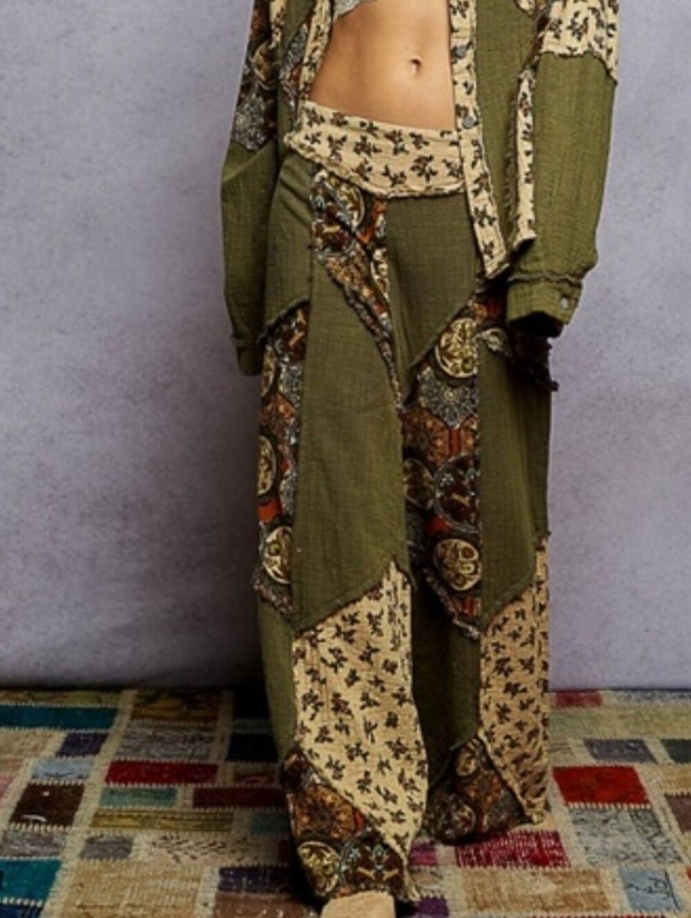 POL Boho Olive Green Cotton Patchwork Wide-Leg Pants NEW